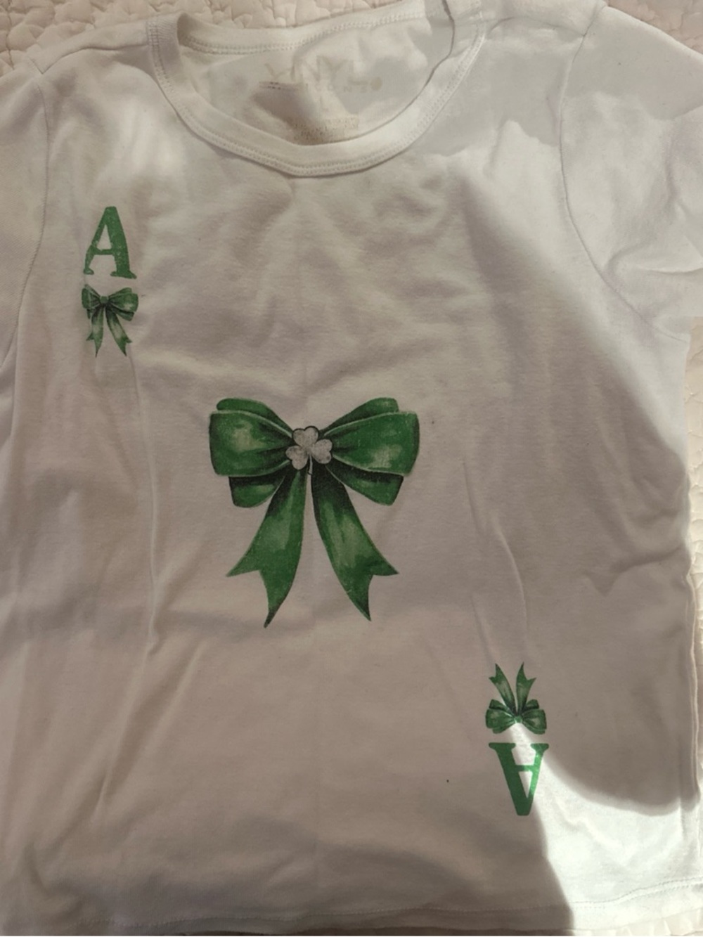White Kids Tee with Green Bow Print